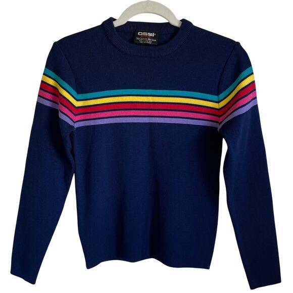 Vintage OSSI Skiwear Rainbow Stripe Sweater Wool Blend Navy Retro 80s Size Small - Picture 1 of 8